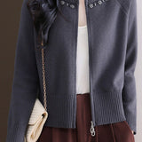 Casual Crew Neck Loose Pearl-Embellished Cardigan - liwisi