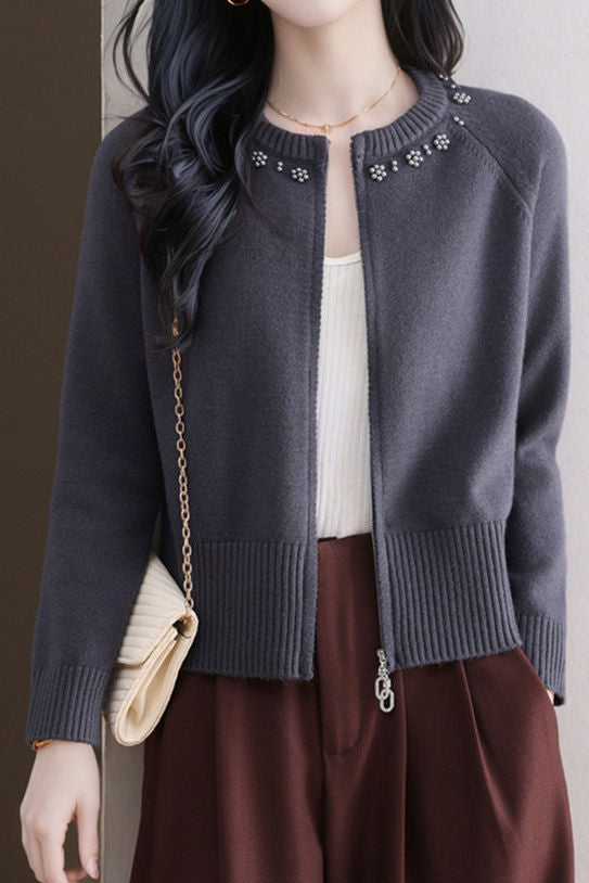Casual Crew Neck Loose Pearl-Embellished Cardigan - liwisi