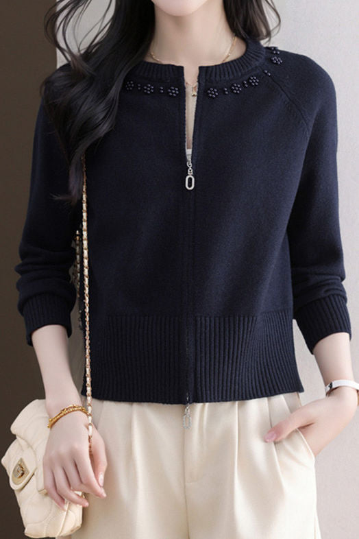 Casual Crew Neck Loose Pearl-Embellished Cardigan - liwisi