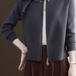 Casual Crew Neck Loose Pearl-Embellished Cardigan - liwisi