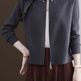 Casual Crew Neck Loose Pearl-Embellished Cardigan - liwisi