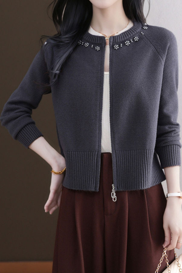 Casual Crew Neck Loose Pearl-Embellished Cardigan - liwisi