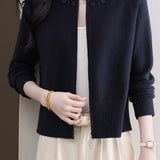 Casual Crew Neck Loose Pearl-Embellished Cardigan - liwisi
