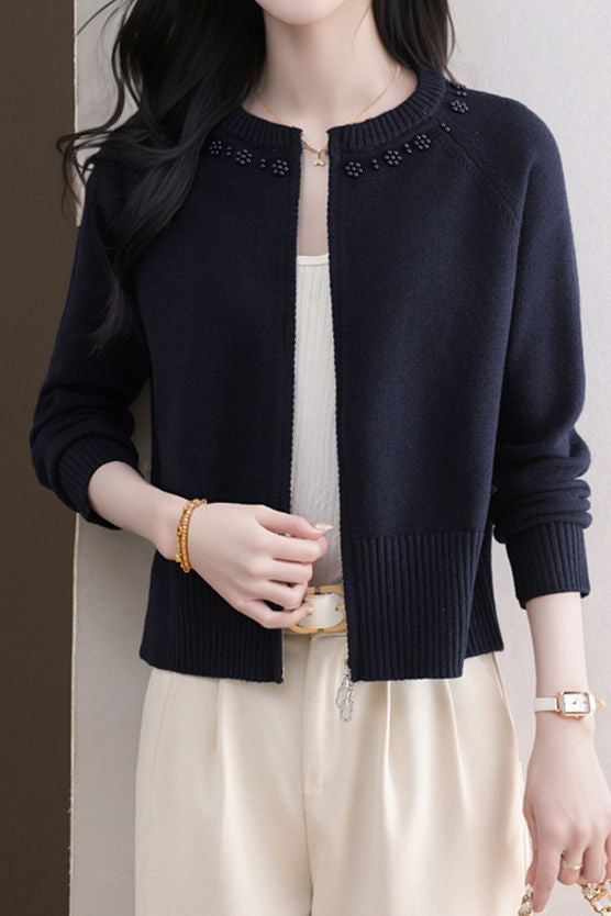 Casual Crew Neck Loose Pearl-Embellished Cardigan - liwisi