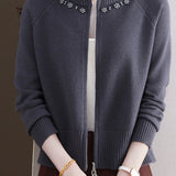 Casual Crew Neck Loose Pearl-Embellished Cardigan - liwisi