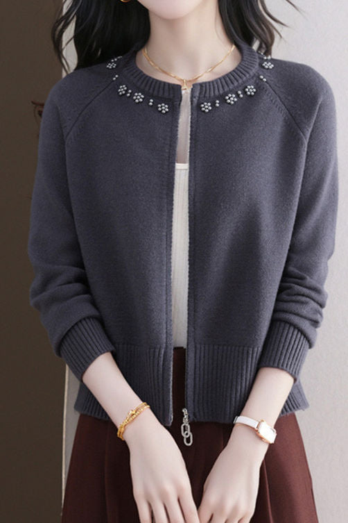 Casual Crew Neck Loose Pearl-Embellished Cardigan - liwisi