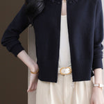 Casual Crew Neck Loose Pearl-Embellished Cardigan - liwisi