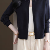 Casual Crew Neck Loose Pearl-Embellished Cardigan - liwisi