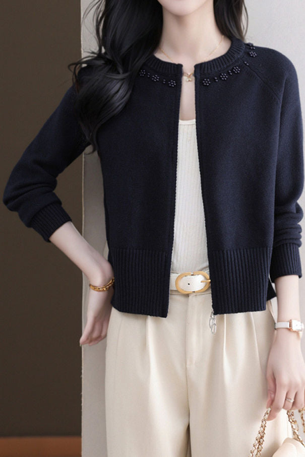 Casual Crew Neck Loose Pearl-Embellished Cardigan - liwisi
