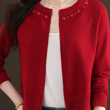 Casual Crew Neck Loose Pearl-Embellished Cardigan - liwisi