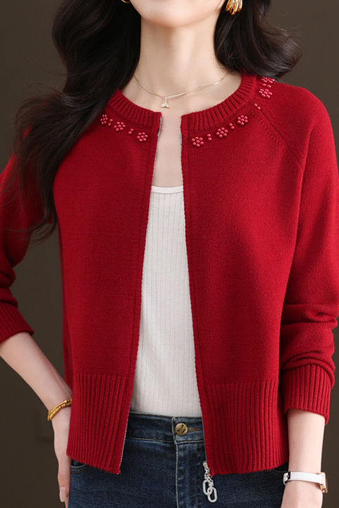 Casual Crew Neck Loose Pearl-Embellished Cardigan - liwisi