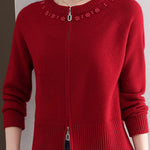 Casual Crew Neck Loose Pearl-Embellished Cardigan - liwisi