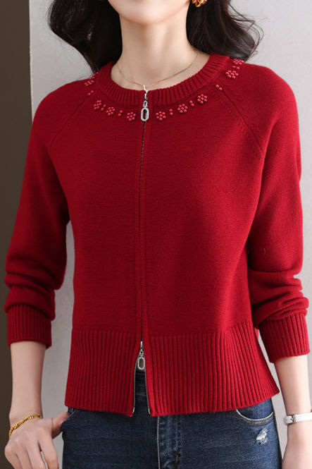 Casual Crew Neck Loose Pearl-Embellished Cardigan - liwisi