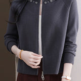 Casual Crew Neck Loose Pearl-Embellished Cardigan - liwisi