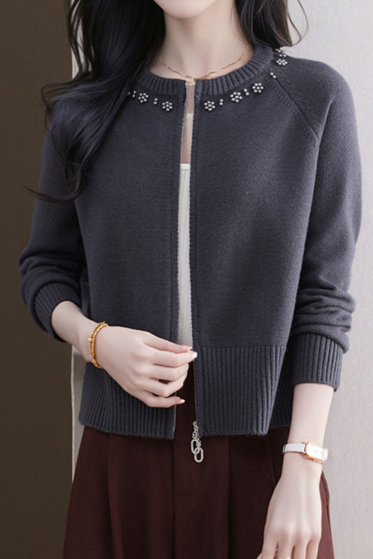 Casual Crew Neck Loose Pearl-Embellished Cardigan - liwisi