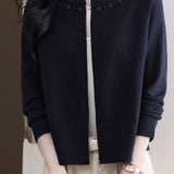 Casual Crew Neck Loose Pearl-Embellished Cardigan - liwisi