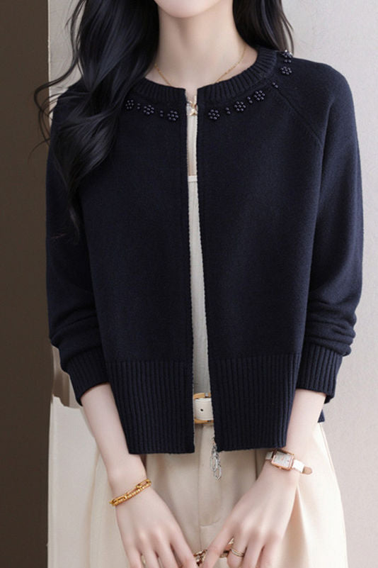 Casual Crew Neck Loose Pearl-Embellished Cardigan - liwisi