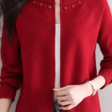 Casual Crew Neck Loose Pearl-Embellished Cardigan - liwisi