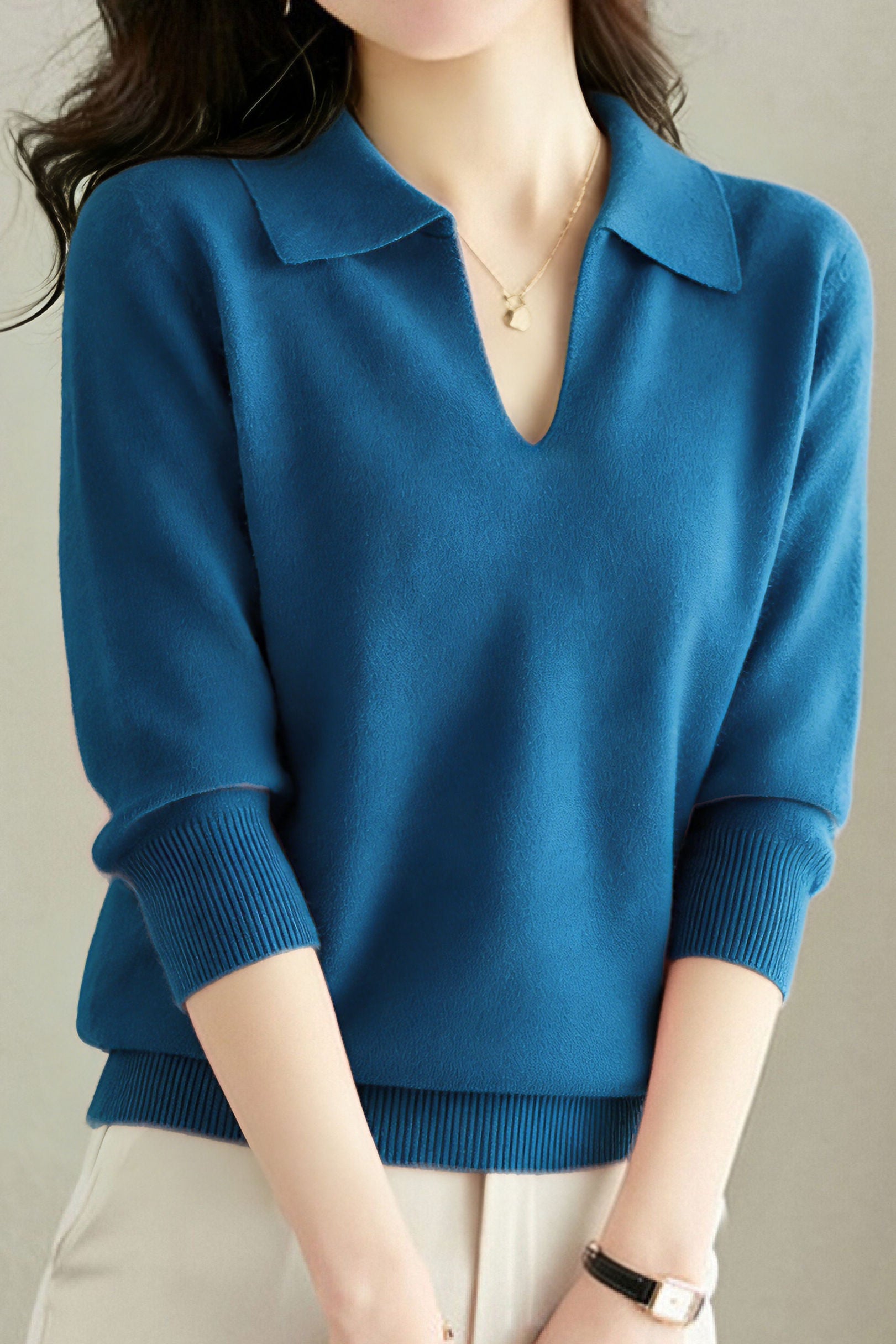 Casual Minimalist Lapel 3/4 Sleeve Knitted Top - liwisi
