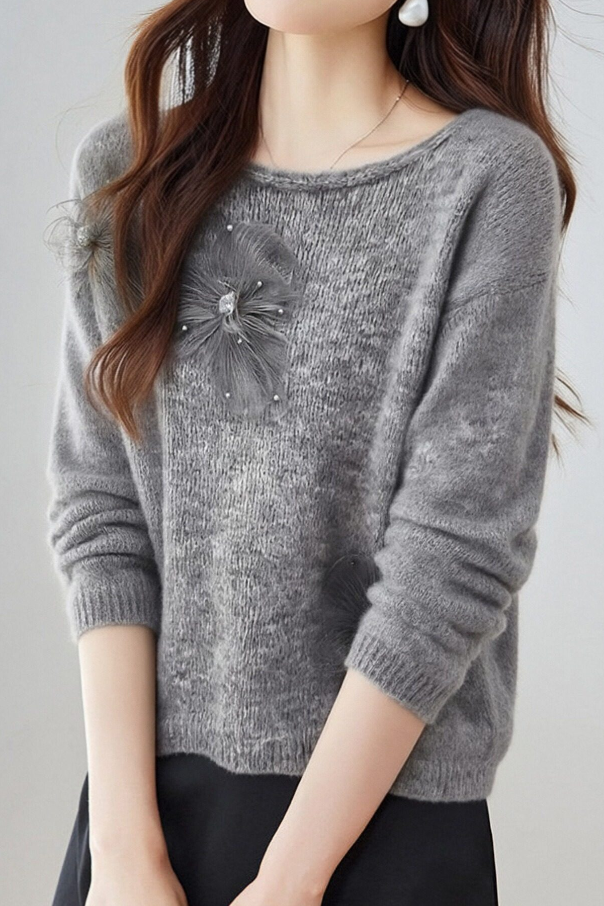 Casual Versatile Beaded Floral Feather Knitted Top - liwisi