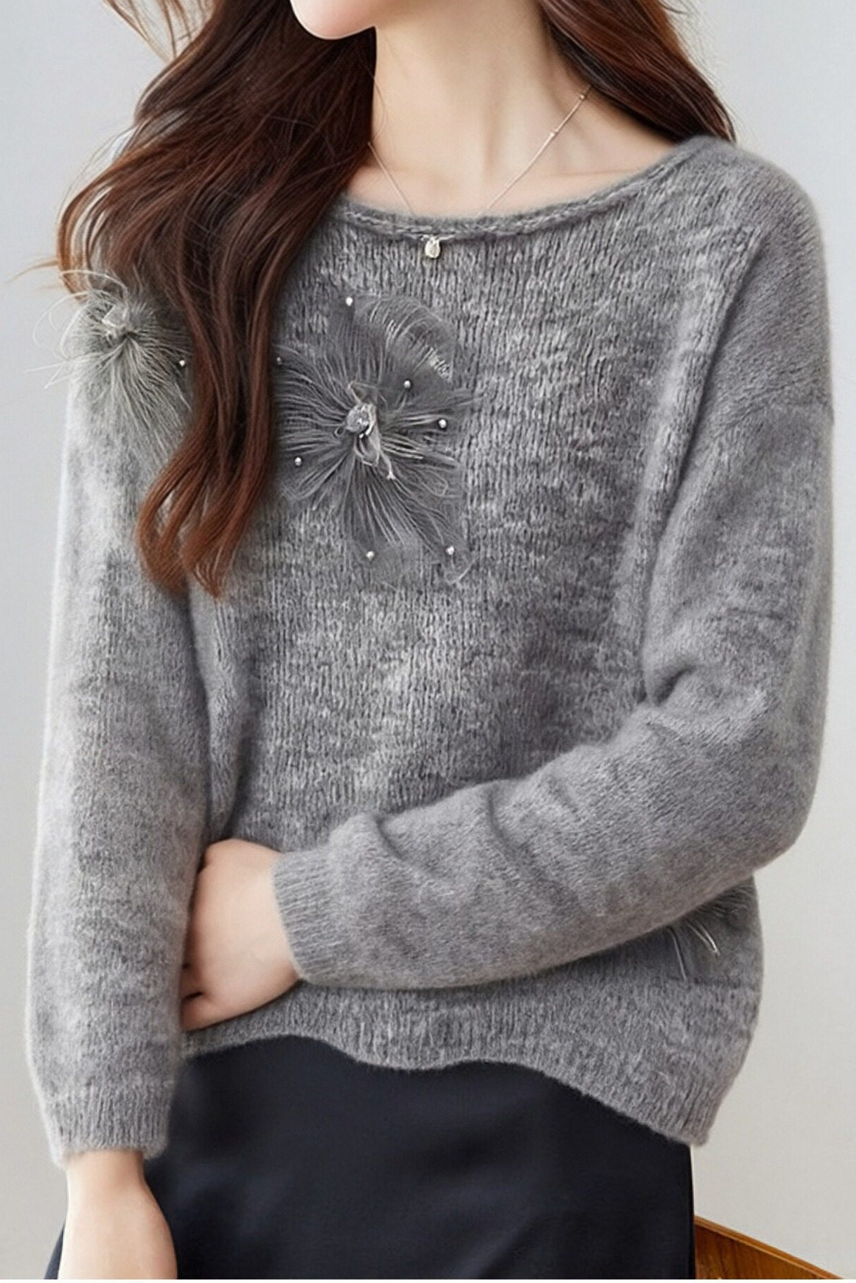 Casual Versatile Beaded Floral Feather Knitted Top - liwisi