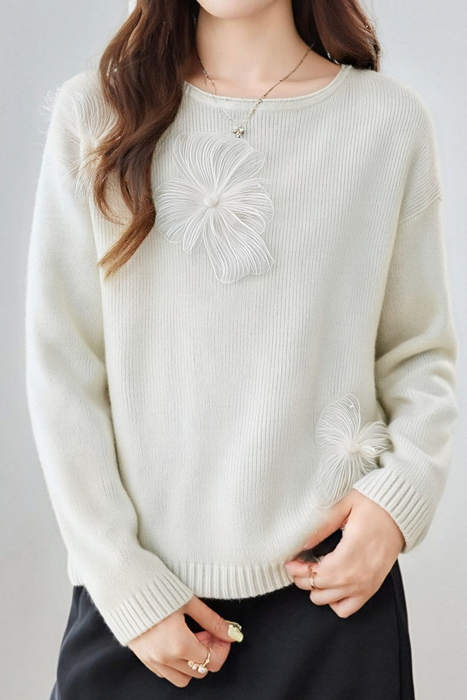 Casual Versatile Beaded Floral Feather Knitted Top - liwisi