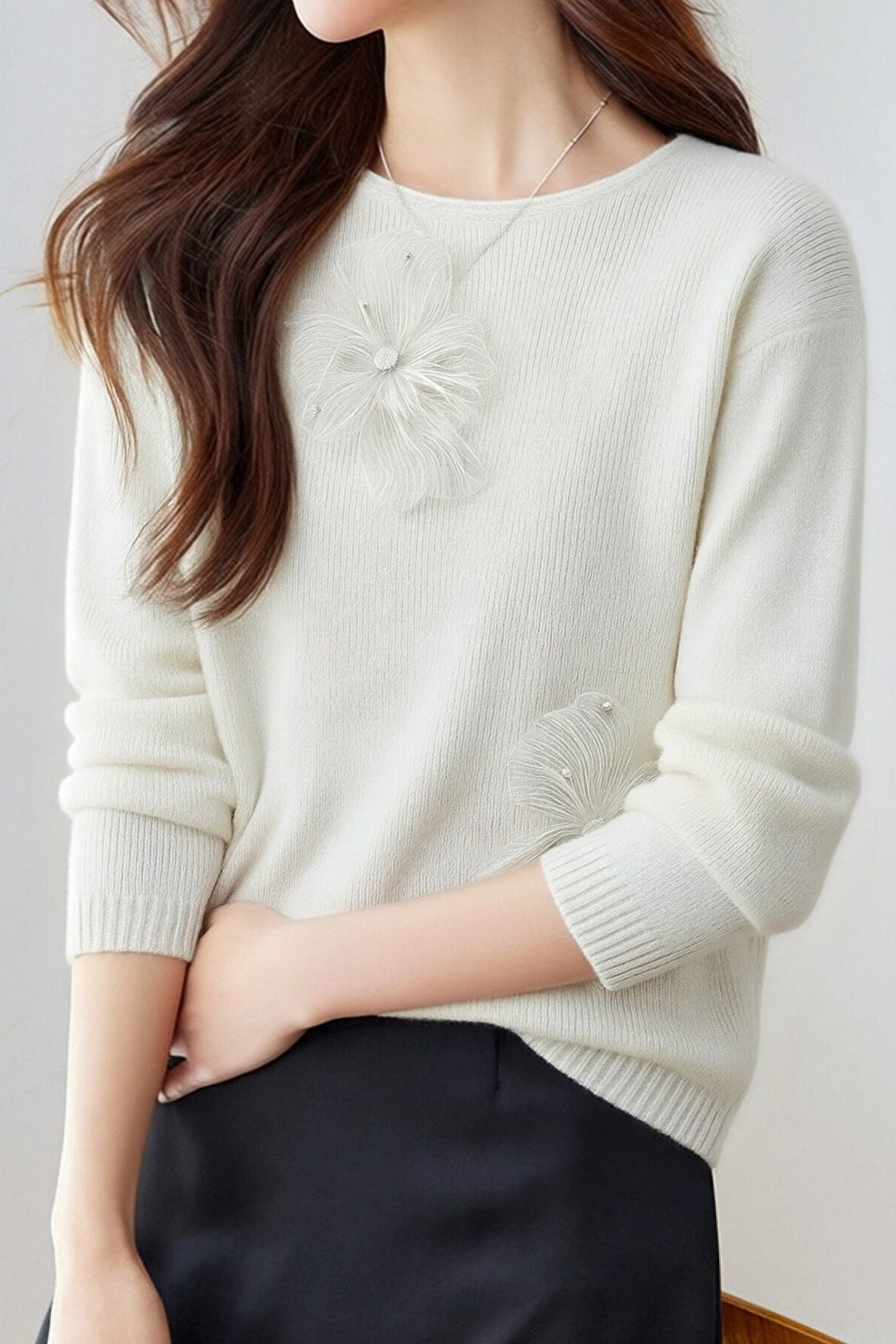 Casual Versatile Beaded Floral Feather Knitted Top - liwisi