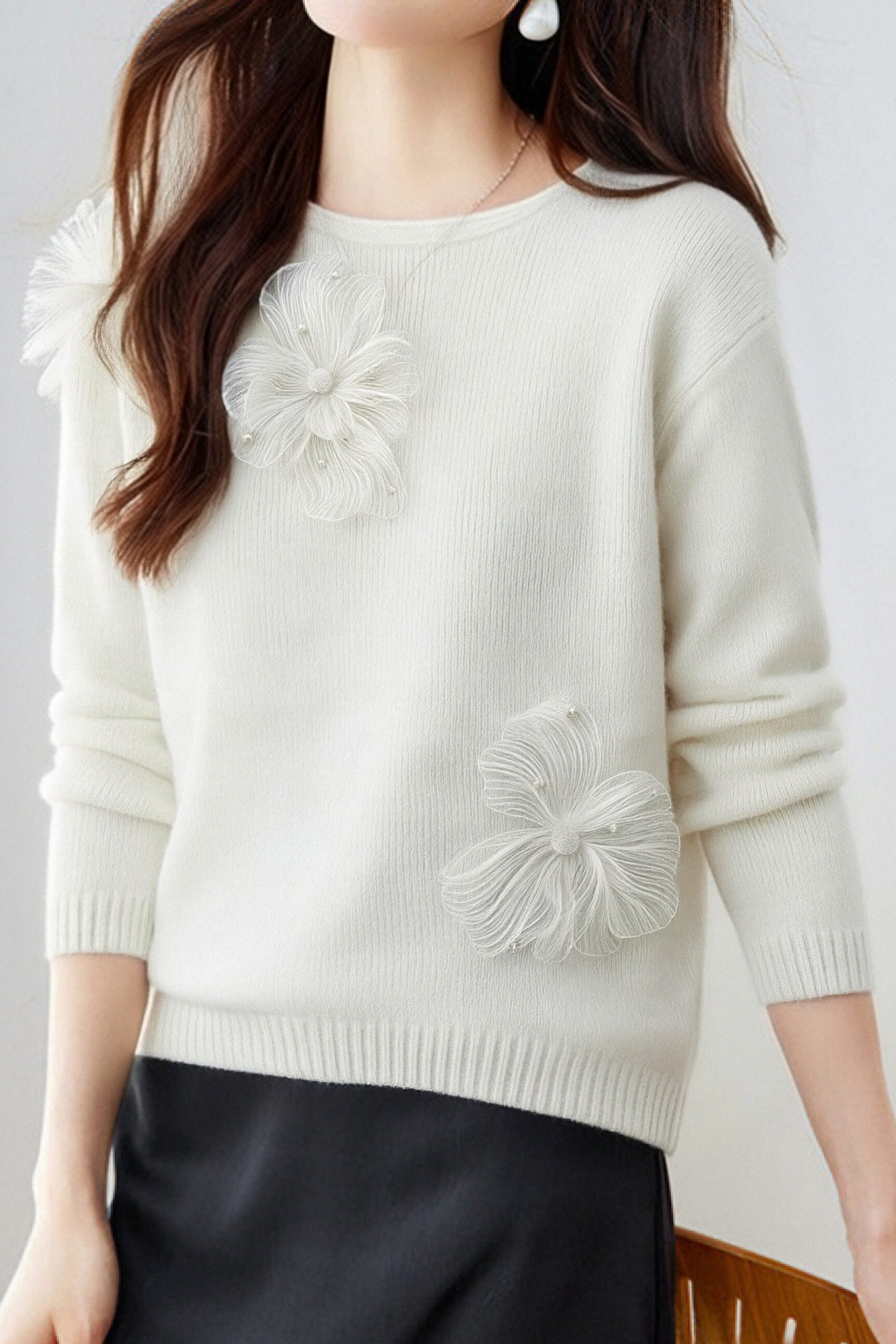 Casual Versatile Beaded Floral Feather Knitted Top - liwisi