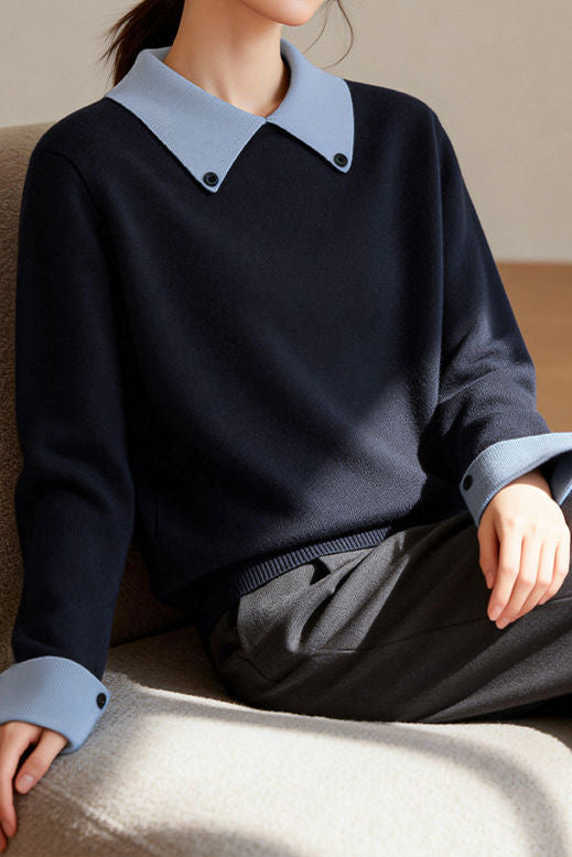 Casual Decorative Buckle Color-Block Knitted Top - liwisi