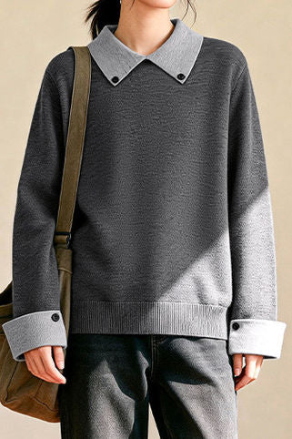 Casual Decorative Buckle Color-Block Knitted Top - liwisi