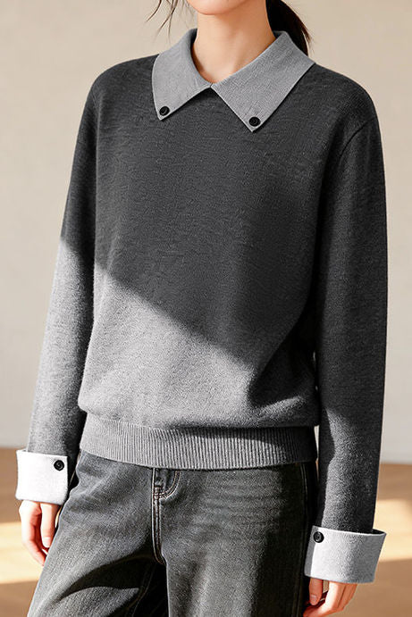 Casual Decorative Buckle Color-Block Knitted Top - liwisi