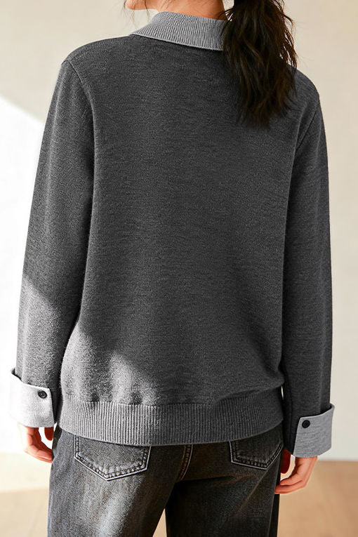 Casual Decorative Buckle Color-Block Knitted Top - liwisi