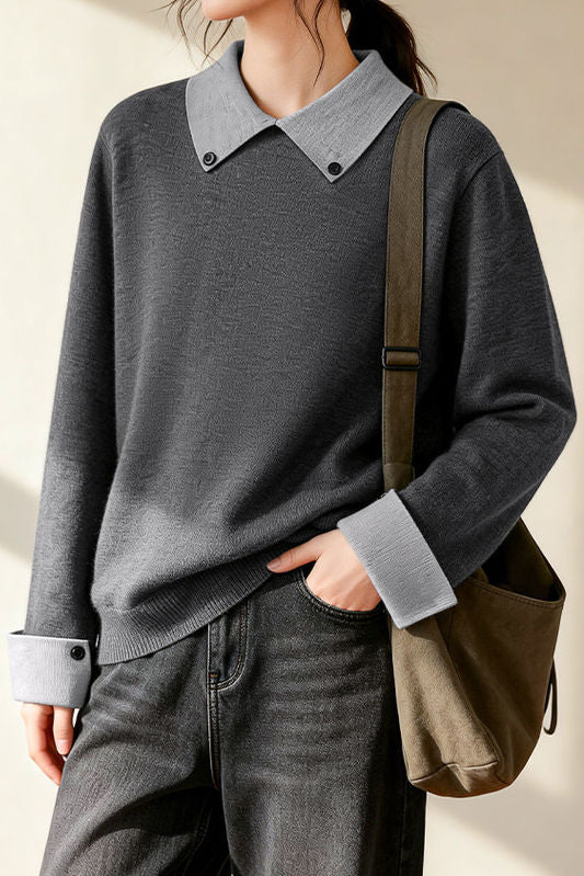 Casual Decorative Buckle Color-Block Knitted Top - liwisi