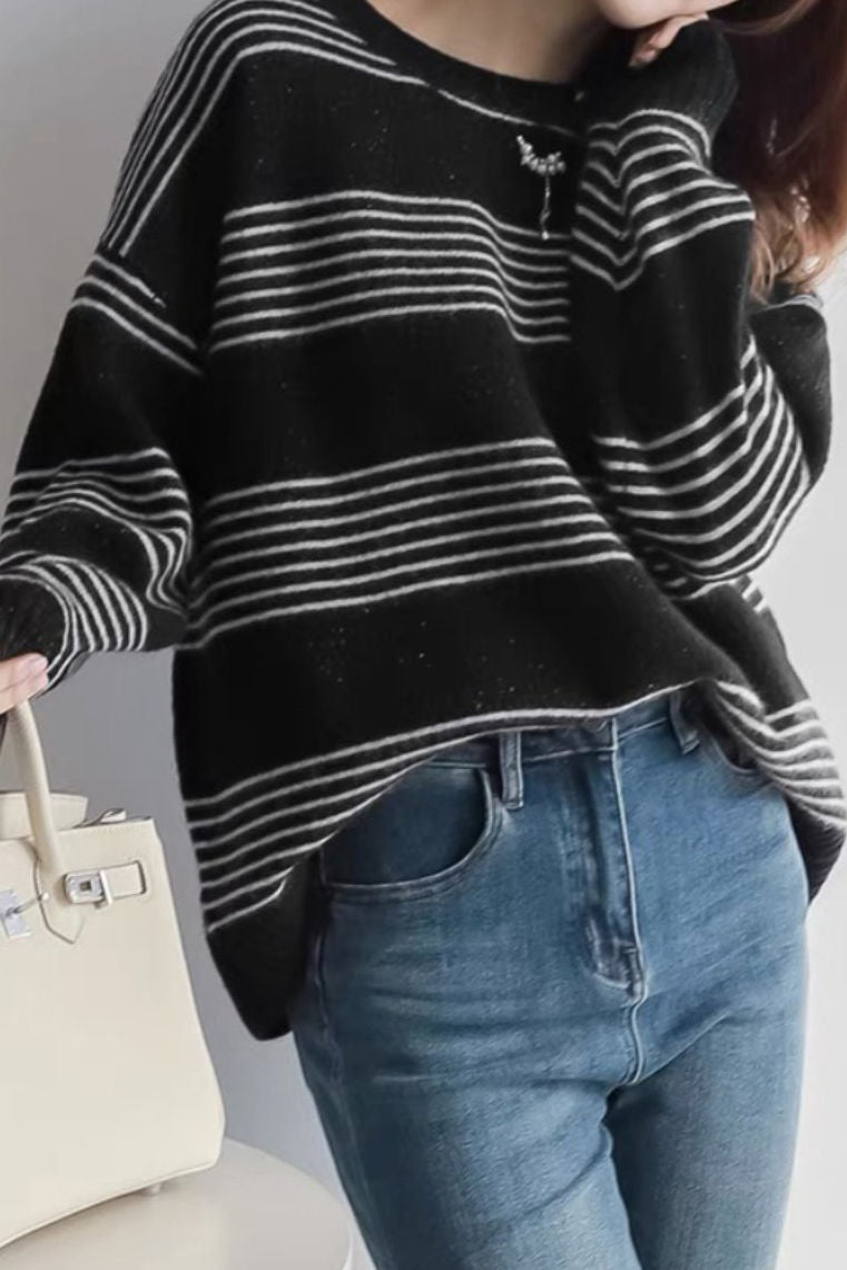 Casual Versatile Striped Hollow-Out Pullover Knitted Top