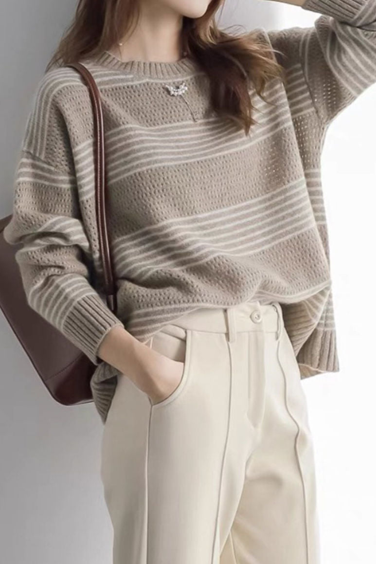Casual Versatile Striped Hollow-Out Pullover Knitted Top