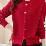 Casual Crew Neck Split Hem Bow-Detailed Knitted Top