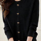 Casual Crew Neck Split Hem Bow-Detailed Knitted Top