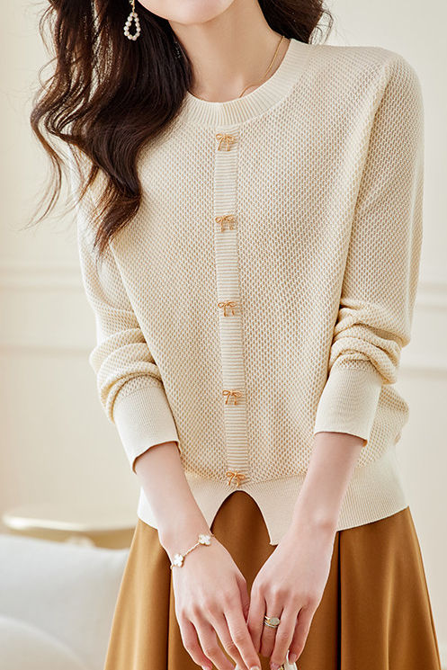 Casual Crew Neck Split Hem Bow-Detailed Knitted Top