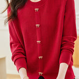 Casual Crew Neck Split Hem Bow-Detailed Knitted Top