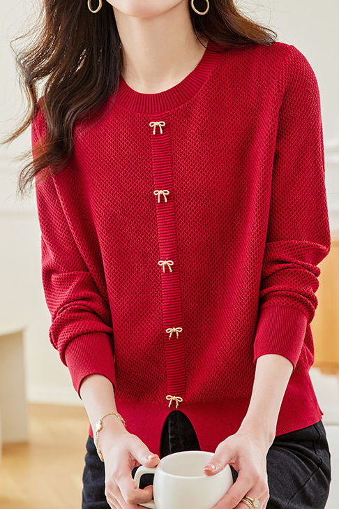 Casual Crew Neck Split Hem Bow-Detailed Knitted Top