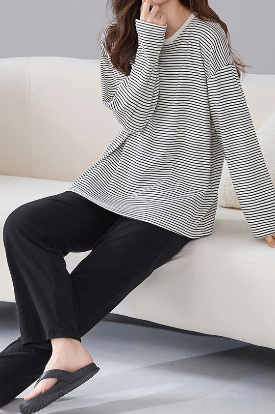Casual Loungewear Color-Block Striped Pajama Set - liwisi