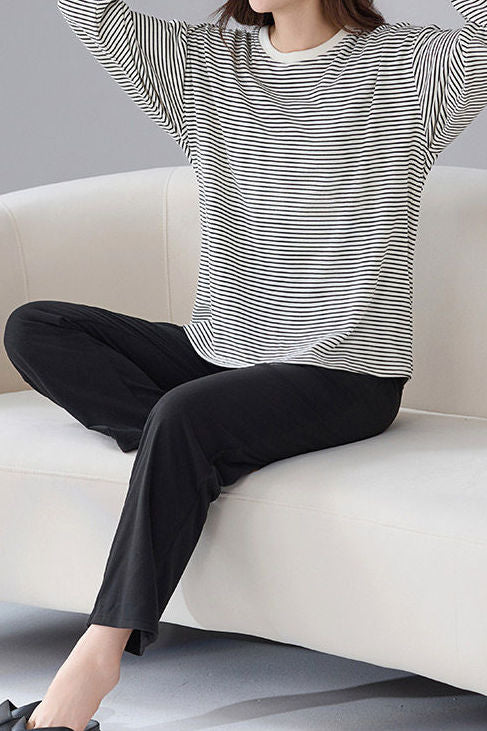 Casual Loungewear Color-Block Striped Pajama Set - liwisi