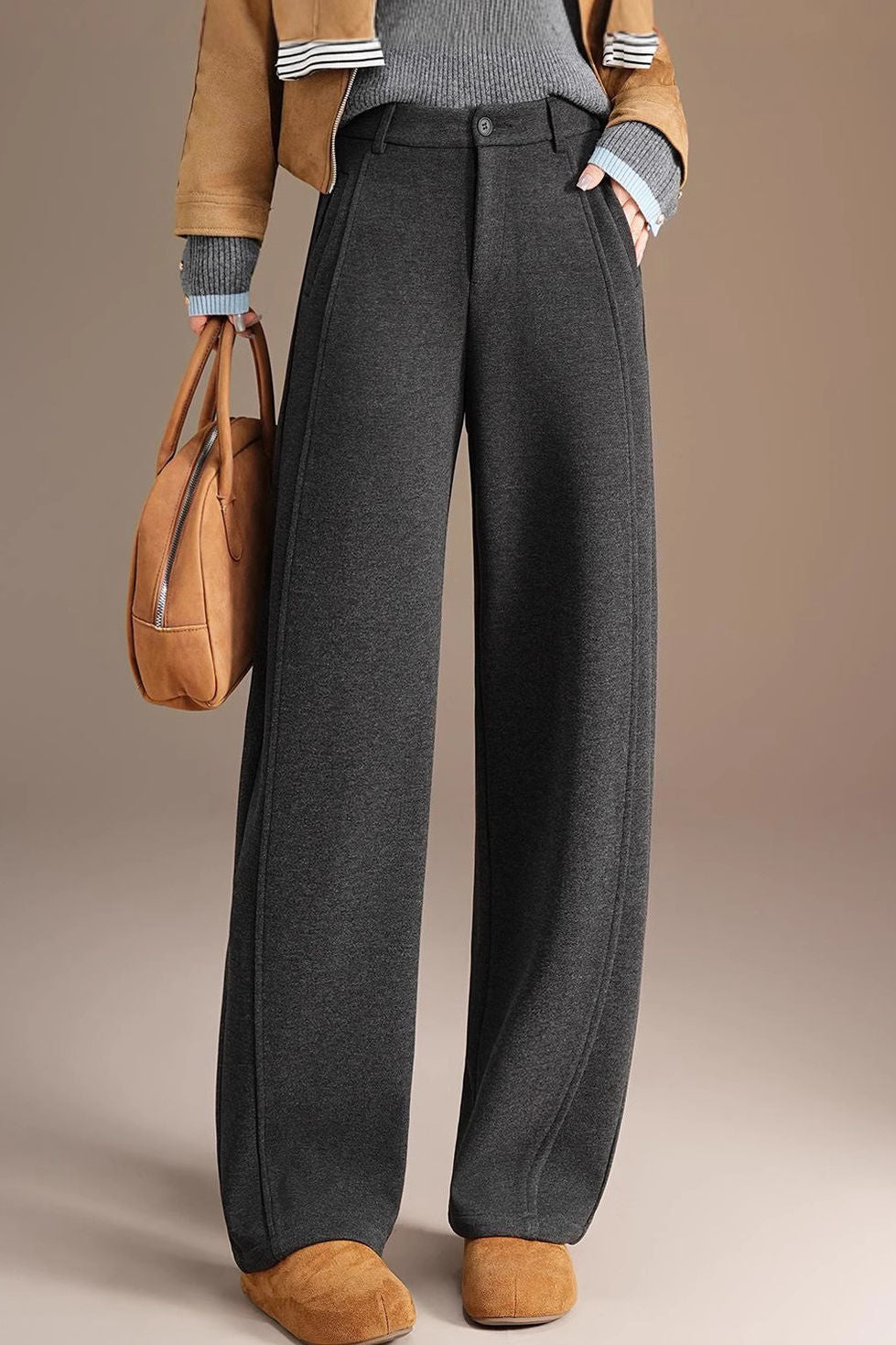 Casual Versatile Solid-Color Curved Hem Fleece Pants - liwisi