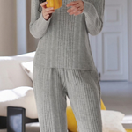 Casual Loungewear Ribbed V-Neck Pajama Set - liwisi