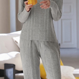 Casual Loungewear Ribbed V-Neck Pajama Set - liwisi