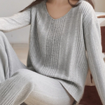 Casual Loungewear Ribbed V-Neck Pajama Set - liwisi