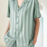 Casual Loungewear Ice Silk Lapel Striped Pajama Set