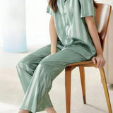 Casual Loungewear Ice Silk Lapel Striped Pajama Set