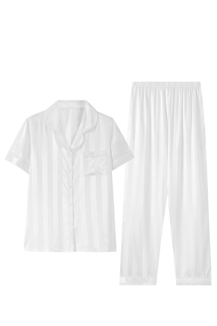 Casual Loungewear Ice Silk Lapel Striped Pajama Set