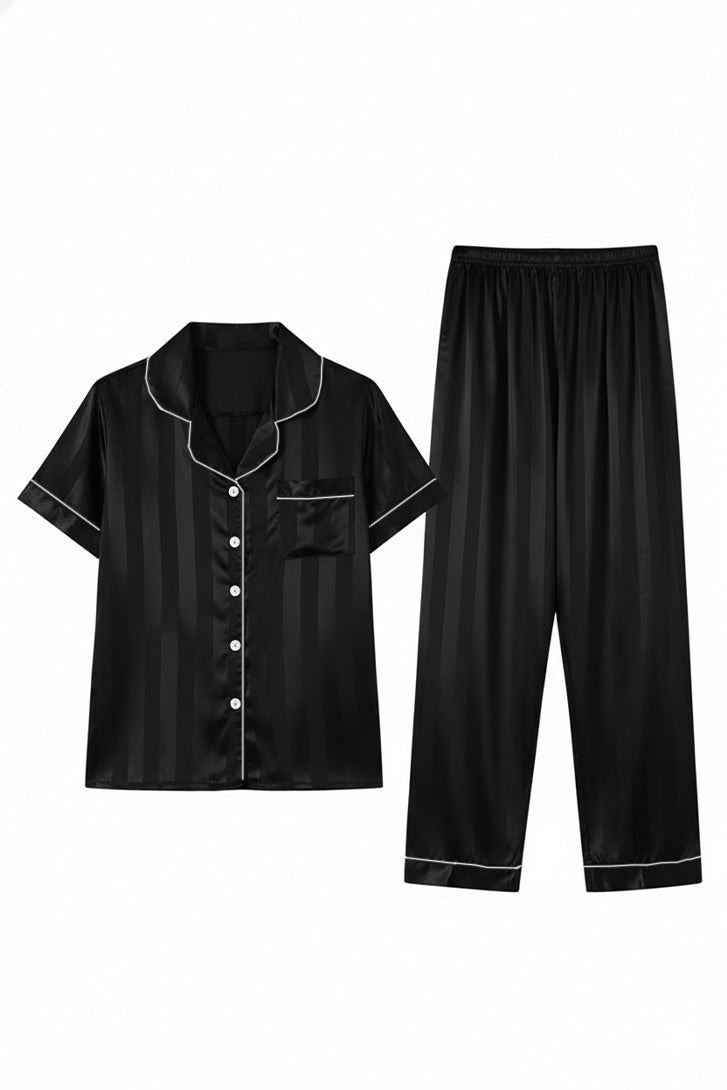 Casual Loungewear Ice Silk Lapel Striped Pajama Set